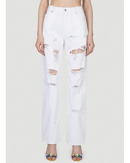 Dolce & Gabbana White Logo Plaque Distressed Jeans
