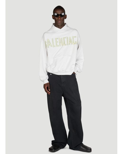Balenciaga White Distressed Logo Print Hooded Sweatshirt for men