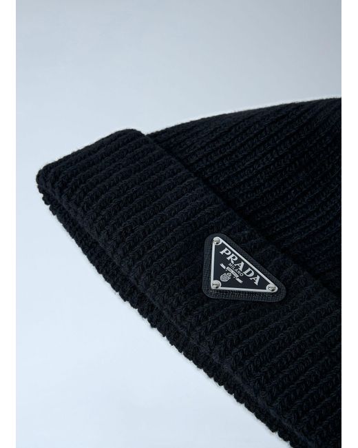 Prada Blue Logo Motif Wool And Cashmere Beanie Hat for men