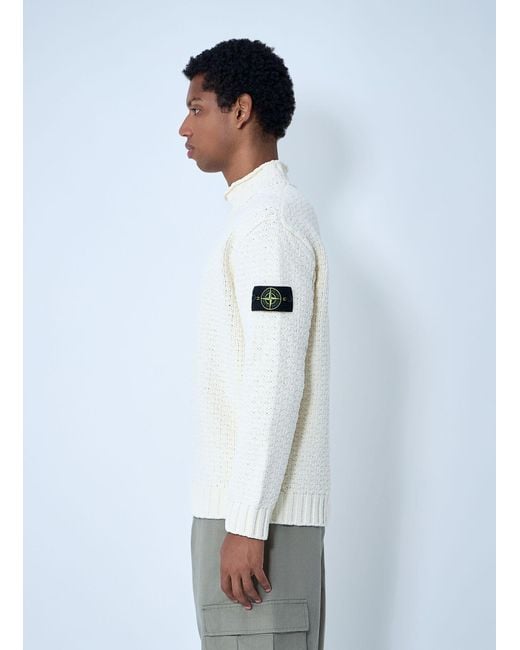 Stone Island White Chenille Cotton Sweater for men