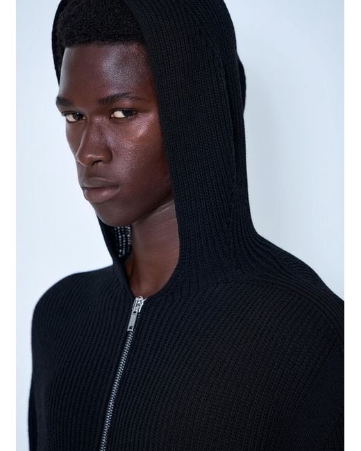 Rick Owens Blue Ribbed Knit Zip Hoodie for men