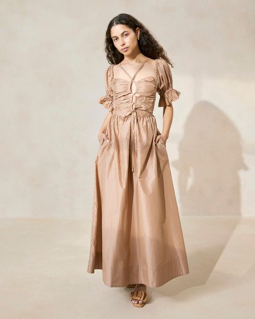 Loeffler Randall Yael Brown Stripe Gathered-bodice Dress in Natural | Lyst  Canada