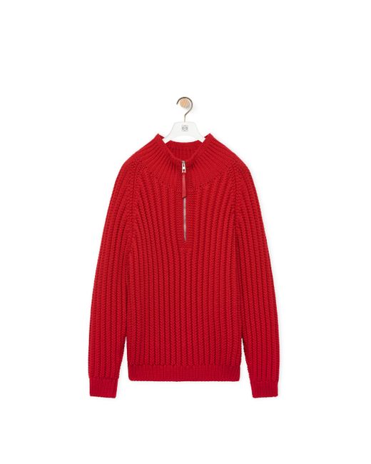 Loewe Red Fisherman Ribbed Wool Half-zip Sweater for men
