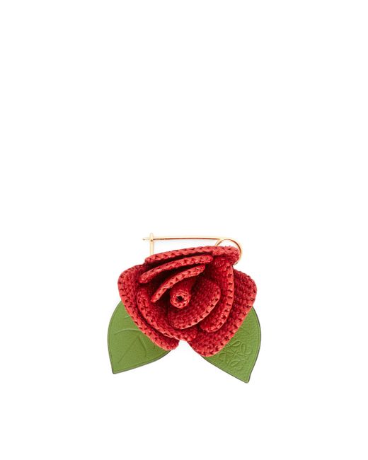 Loewe Red Rose Pin In Raffia And Brass