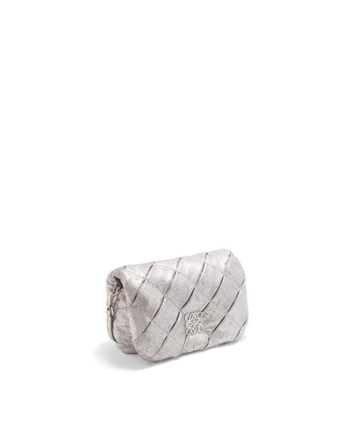 Loewe White Mini Puffer Goya Bag In Pleated Metallic Leather