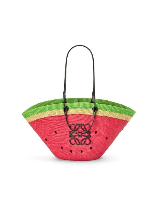 Loewe Red Luxury Large Watermelon Basket Bag In Iraca Palm And Calfskin For Women