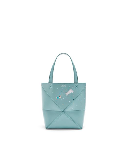 Loewe Blue Squid Mini Puzzle Fold Tote In Shiny Calfskin