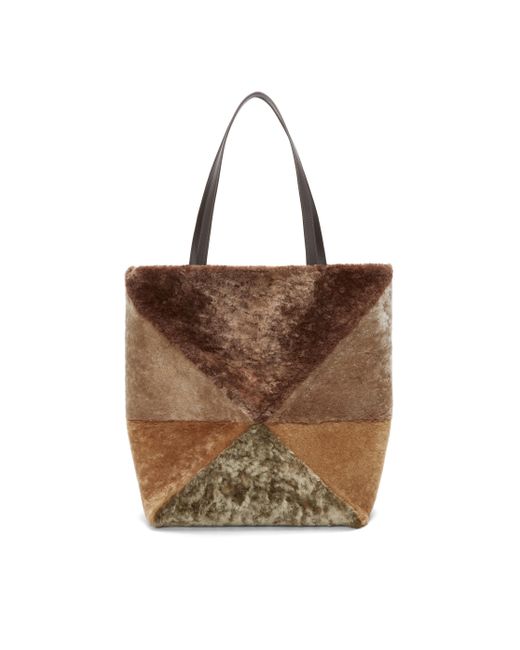 Loewe Brown Large Puzzle Fold Tote In Shearling