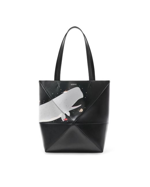 Loewe Black Whale Large Puzzle Fold Tote In Shiny Calfskin