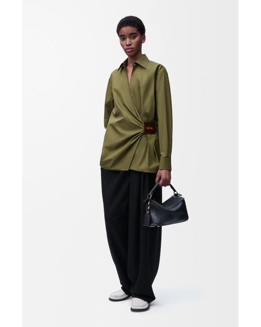 Camisa Drapeada En Algodón Mujer Loewe de color Green