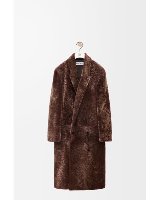 Loewe Brown Double-breasted Coat In Shearling
