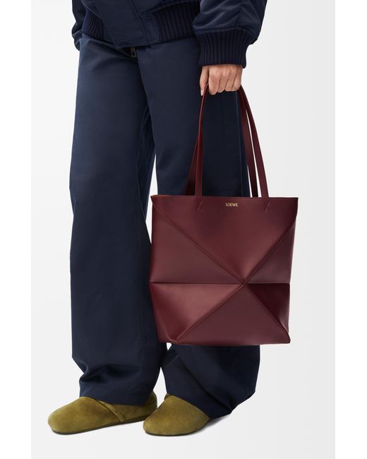 Loewe Red Luxury Mini Puzzle Fold Tote In Shiny Calfskin