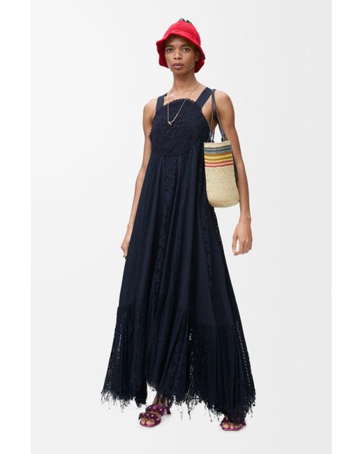 Vestido En Algodón Con Encaje Mujer Loewe de color Blue
