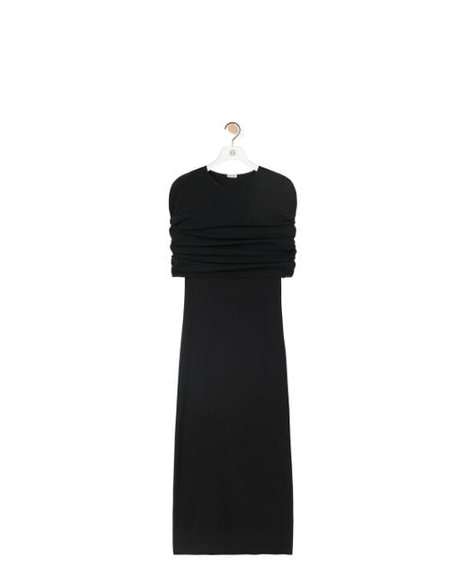 Loewe Black Cotton Ruched Cape Maxi Dress