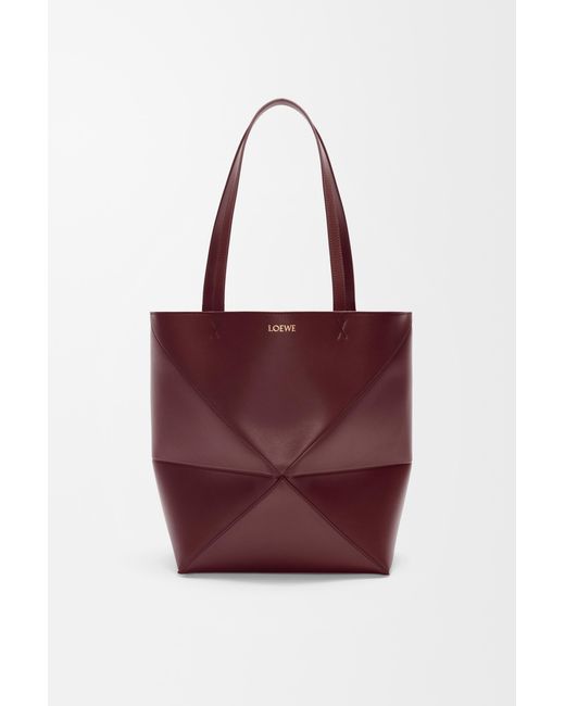 Loewe Red Luxury Mini Puzzle Fold Tote In Shiny Calfskin