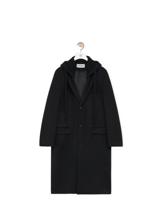 Loewe Black Hooded Coat In Wool And Cashmere for men