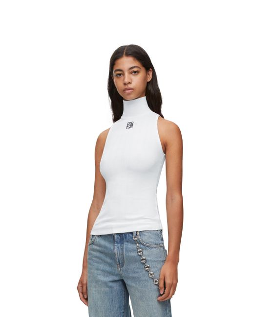 Loewe White Anagram-embroidered High-neck Stretch-cotton Top