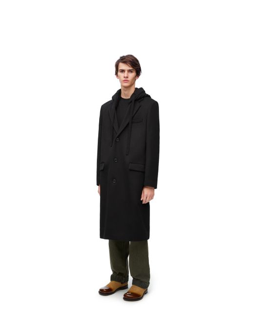 Loewe Black Hooded Coat In Wool And Cashmere for men