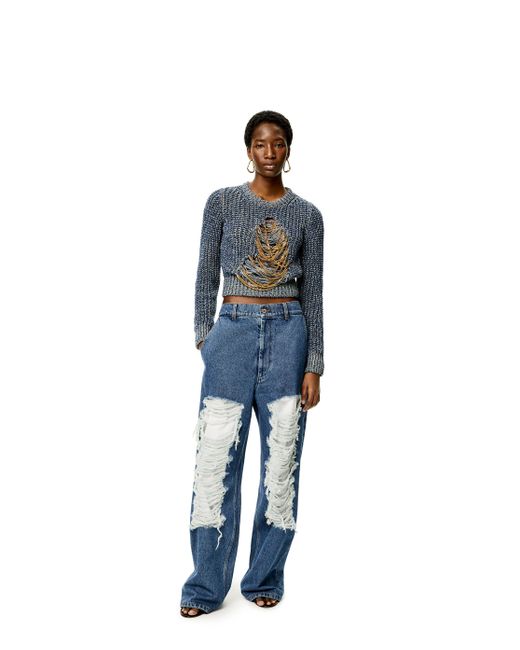 Loewe Blue Ripped Chain Sweater In Hemp And Linen