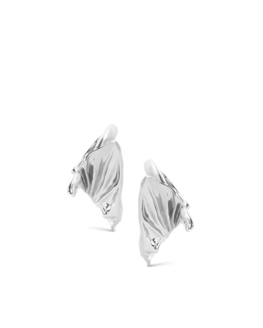 Loewe White Pleated Fan Hoop Earrings In Sterling Silver