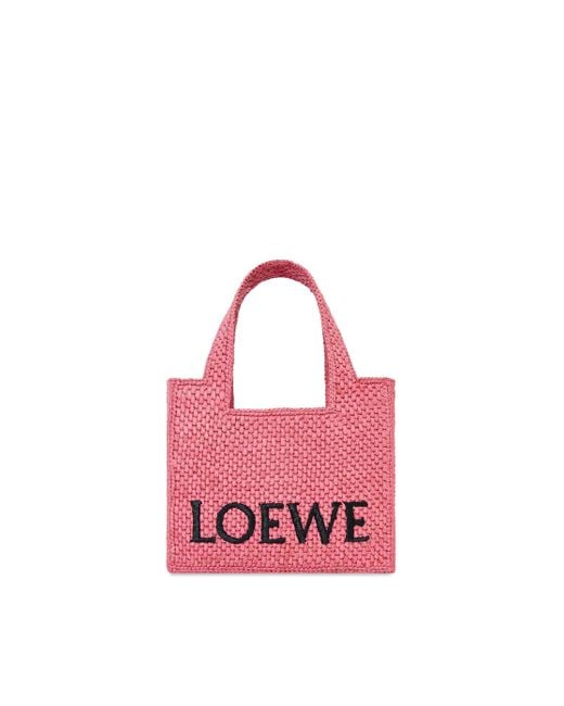 Loewe Pink Mini Font Tote In Raffia