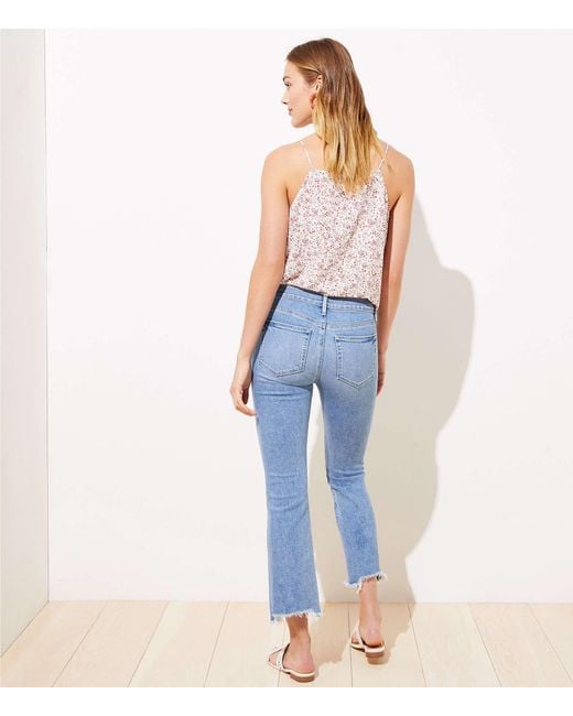 LOFT Denim Petite Destructed High Waist Slim Pocket Flare Crop Jeans In