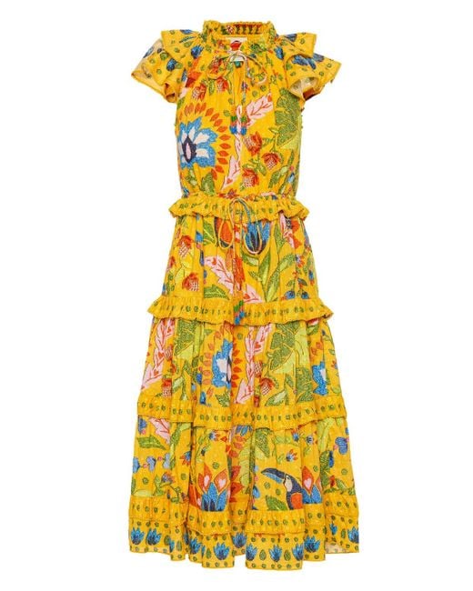 FARM Rio Frilled Midi Dress in Yellow | Lyst