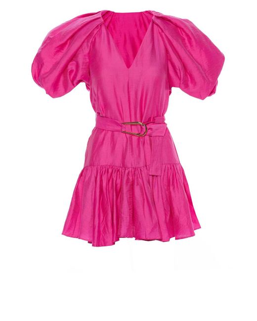 Acler Linen Wheatland Belted Puff Sleeve Mini Dress in Flamingo (Pink ...