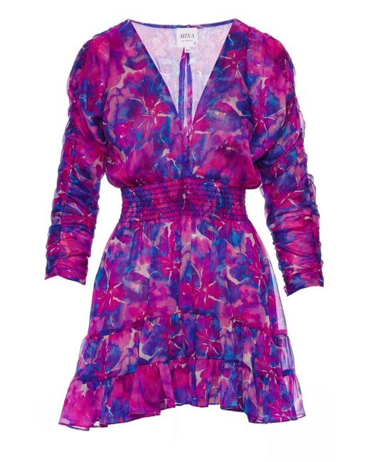 MISA Los Angles Chiara Watercolor Blues Ruffled Mini Dress in Purple | Lyst