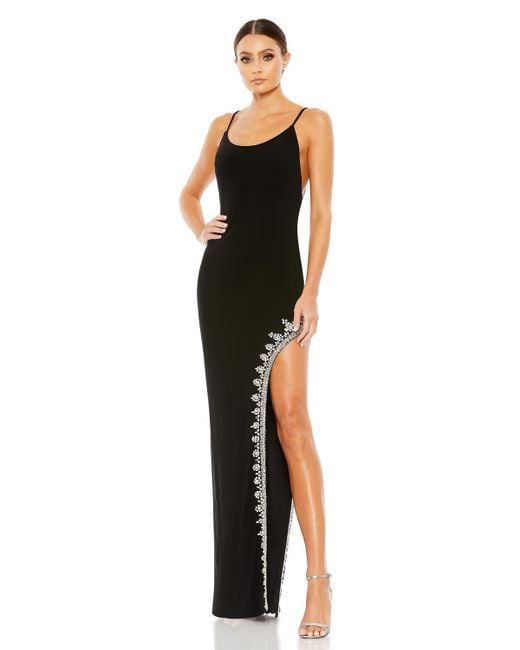 Mac Duggal Rhinestone Encrusted Side Slit Cami Body Con Gown Top In