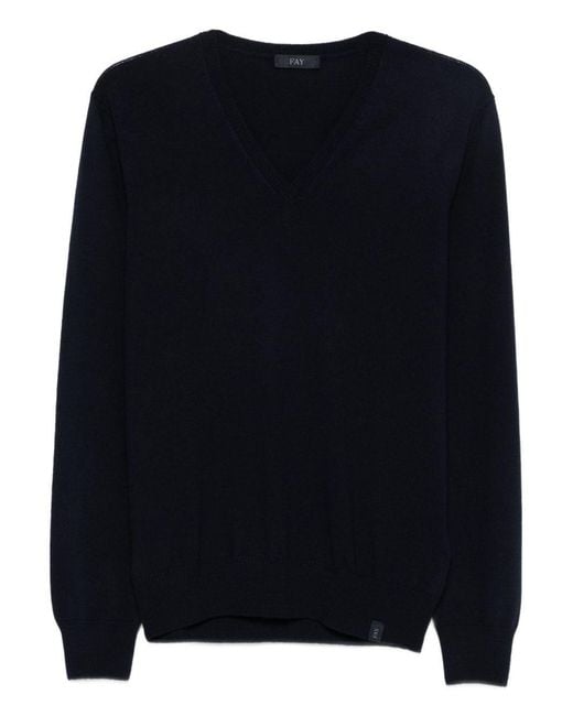 Fay Blue V-Neck Ribbed Sweater for men