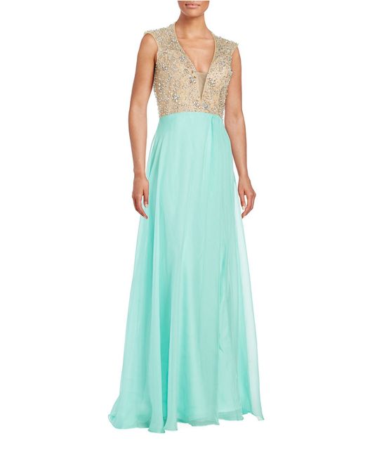 mac duggal embellished mesh gown