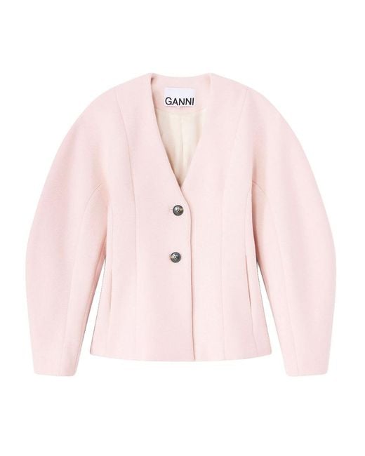 Ganni Pink Wool-Blend V-Neck Blazer Jacket