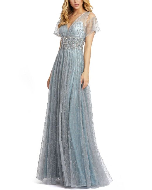 Mac Duggal Synthetic Flutter Sleeve Empire Waist Beaded Gown in