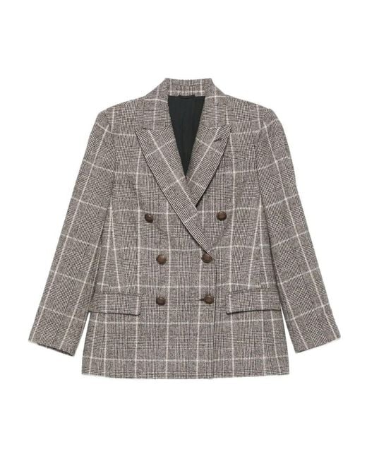 Brunello Cucinelli Gray Checked Double-Breasted Blazer