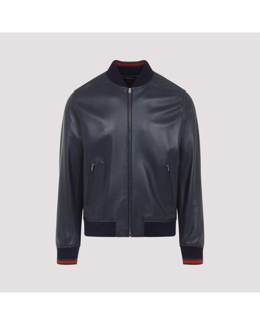 Men's Blue Leather Jacket Witth Web Details