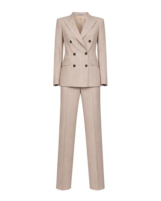 Tagliatore Natural Pinstriped Virgin Wool And Silk Double-Breasted Suit