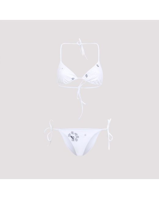 Ermanno Scervino White Bikini A Triangolo Con Stampa Animalier Zebrata E Pizzo Rebrodè