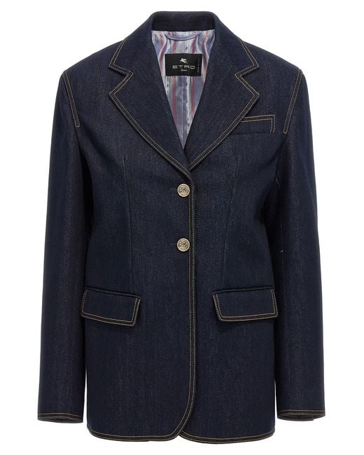 Women's Blue Single-Breasted Denim Blazer