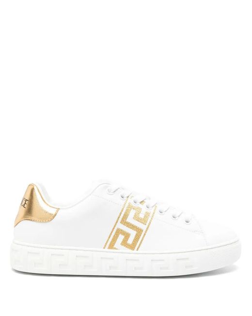 Versace White Leather Sneakers With Greek Embroidery