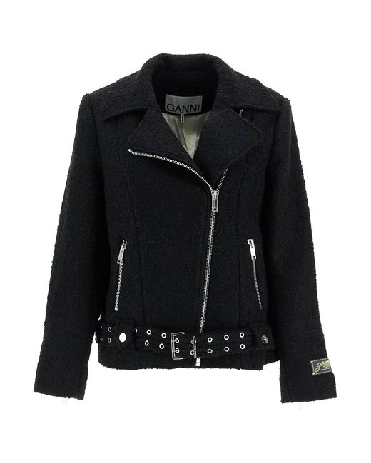 Women's Black Boucle Wool Biker Jacket