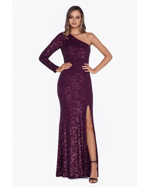 xscape off the shoulder glitter gown