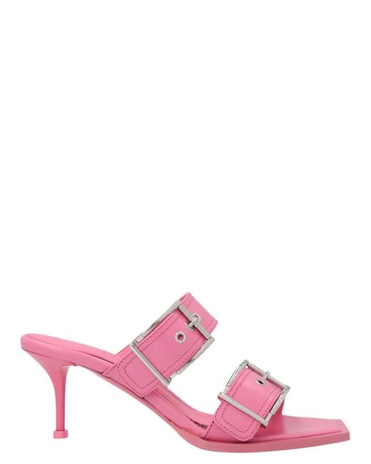 McQueen Pink Buckled Leather Slip-On Sandals