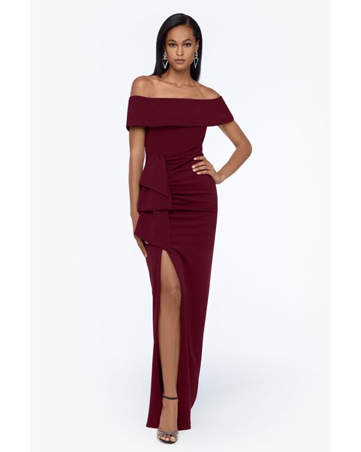Xscape Off The Shoulder Long Scuba Crepe Dress in Red | Lyst