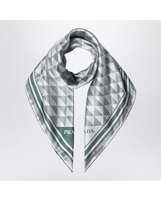 Prada Metallic Emerald Printed Silk Twill Scarf 90X90