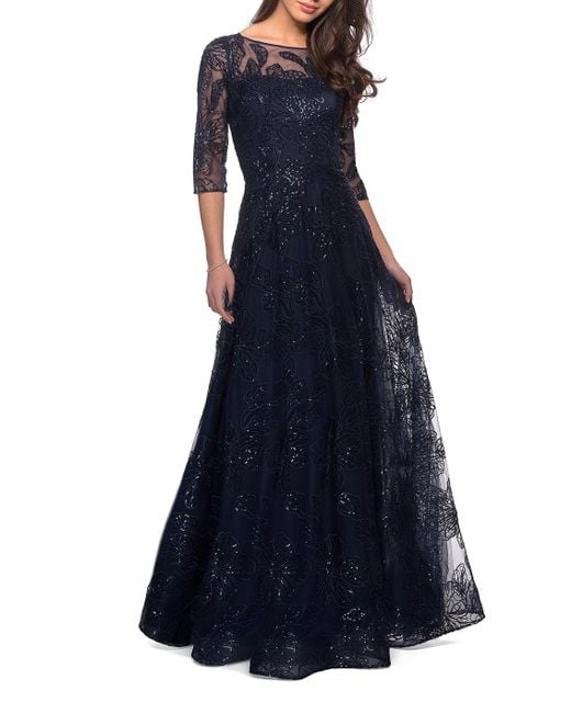 La Femme A-line Lace Sequin Gown With Sheer Scoop Neckline in Blue | Lyst