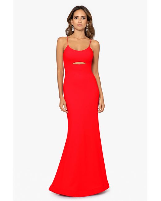 Betsy & Adam Long Scuba Cut Out Gown in Red | Lyst