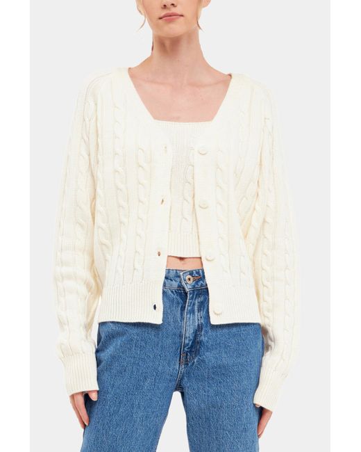 English Factory Cable Knit Cardigan Sweater in White | Lyst