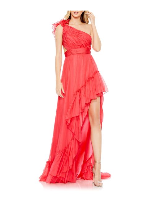 Mac Duggal Ruffled One Shoulder Asymmetrical Gown in Red | Lyst