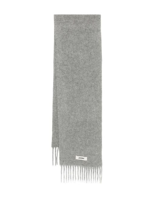 Jacquemus Gray Scarf With Fringe And Logo